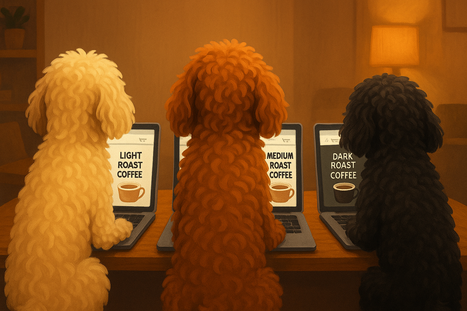 3 goldendoodles at their laptops ordering coffee their backs are to us because they are looking at the screen 1 is a blonde doodle ordering Light Roast Coffee 1 is brown ordering Medium Roast Coffee 1 is black ordering Dark Roast Coffee