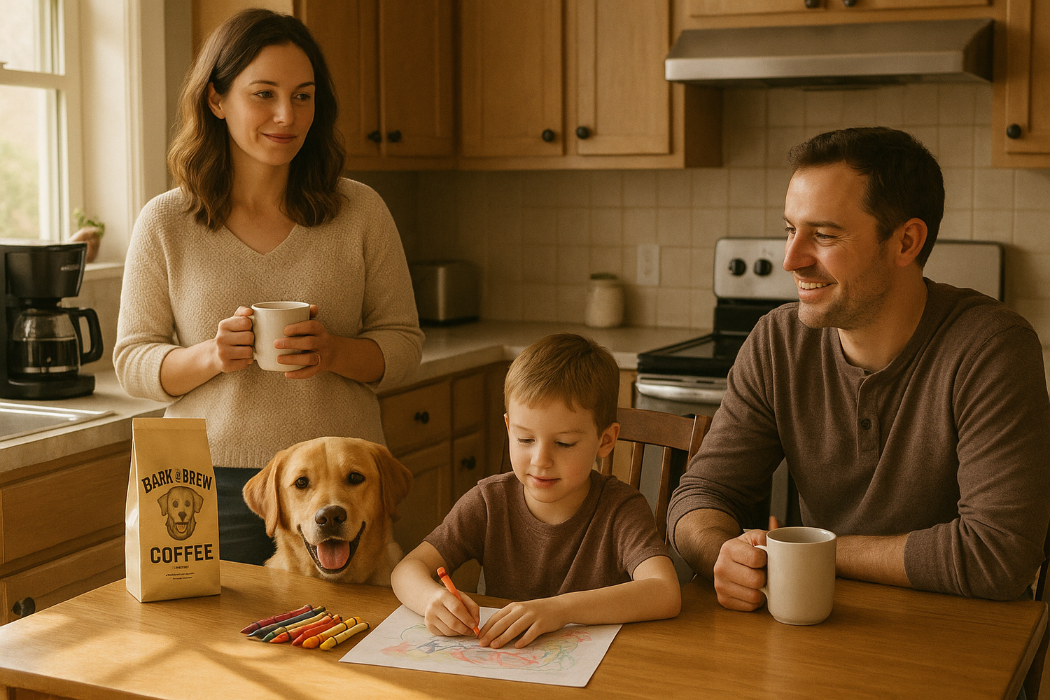 a real mom standing in the kitchen drinking coffee a real dad sitting at the table drinking coffee a boy coloring a dog beside of the boy a coffee maker on the counter with a bag of Bark & Brew Coffee beside the coffee maker