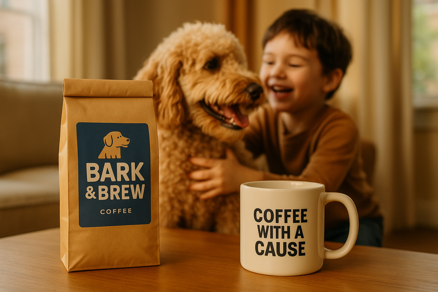 coffee bag with Bark & Brew, coffee mug with Coffee With a Cause, child with goldendoodle dog
