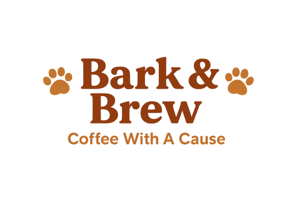 on one line Bark & Brew with a paw on each side on the second line Coffee With A Cause